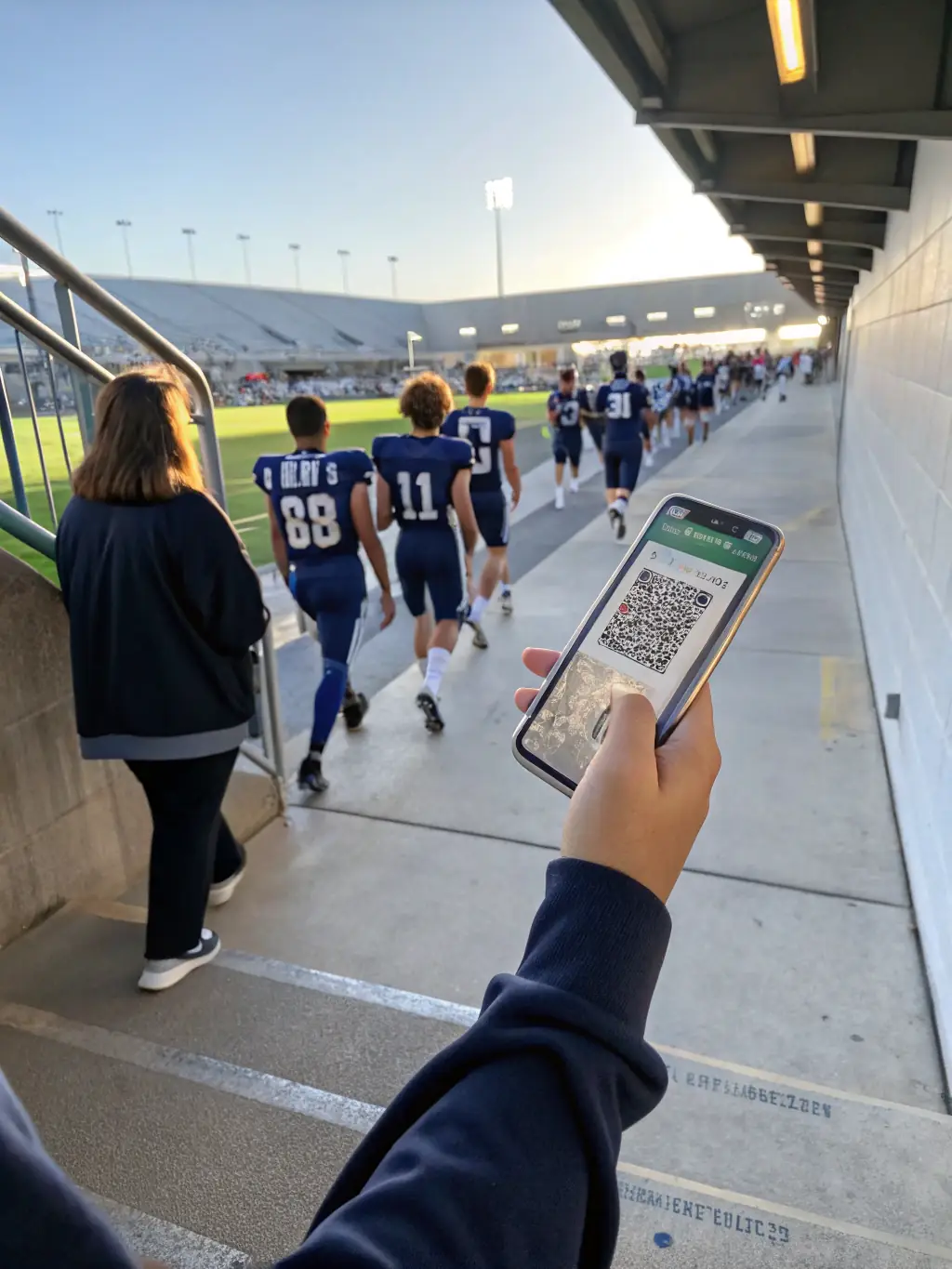 A smartphone scanning a QR code at a high school stadium entrance, demonstrating quick and secure entry for attendees of a volleyball match.