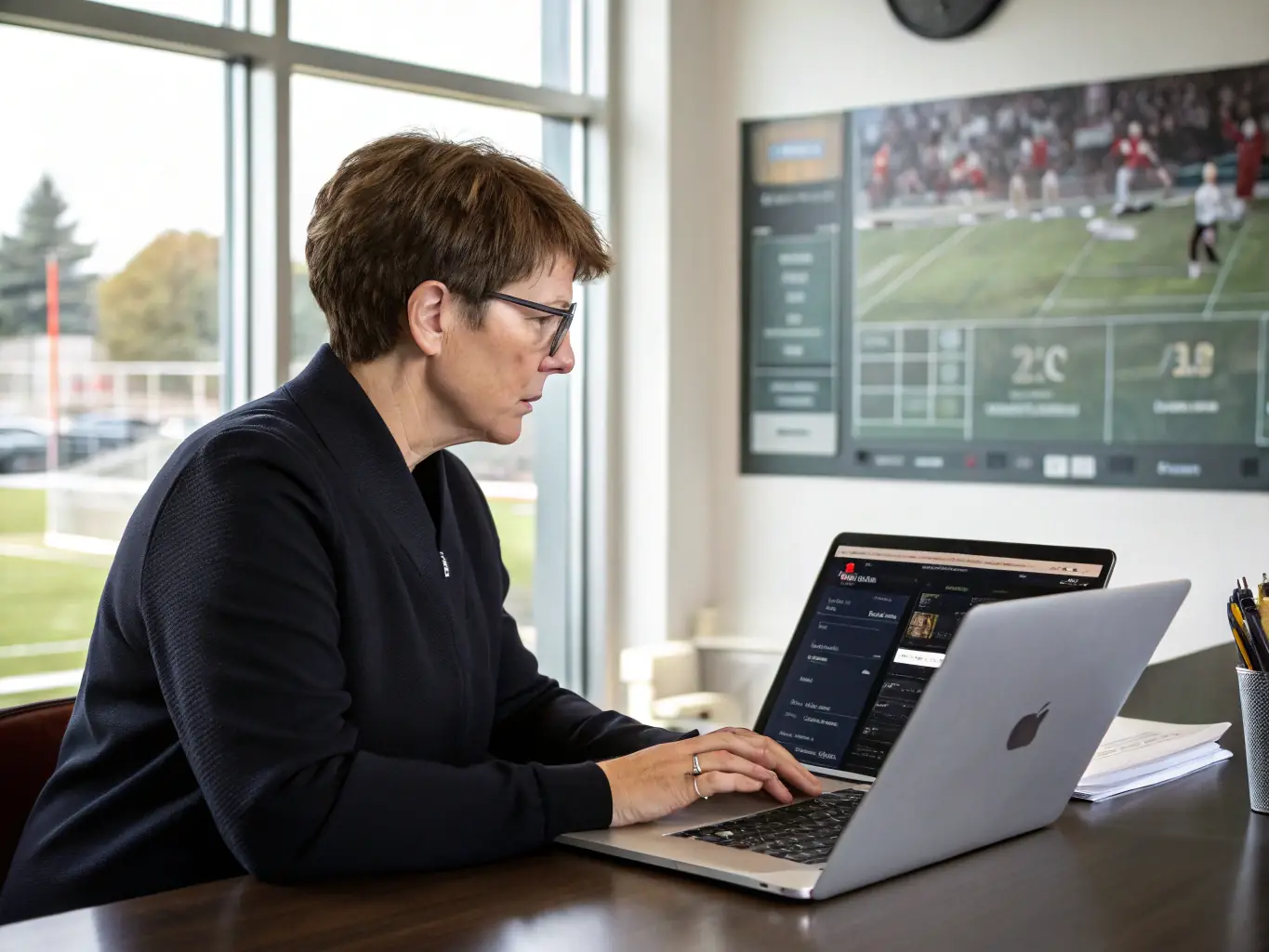 A school administrator using the S34t platform on a laptop to manage ticket sales and event settings, highlighting the platform's user-friendly interface and streamlined processes.