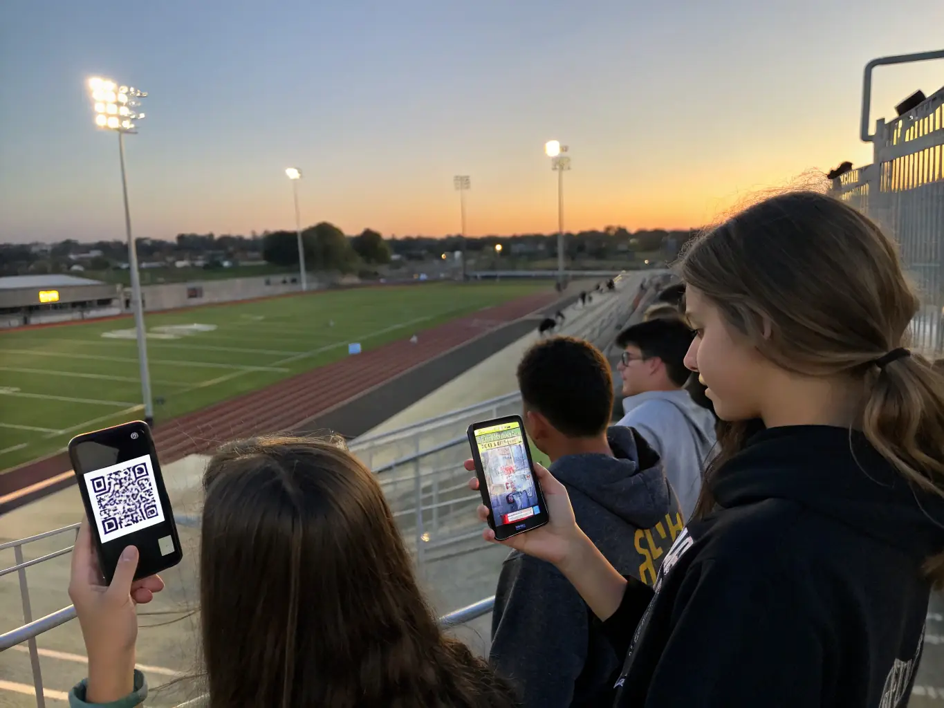 A high school stadium entrance where students are scanning QR codes on their phones for entry, showcasing the ease and efficiency of S34t's entry system.
