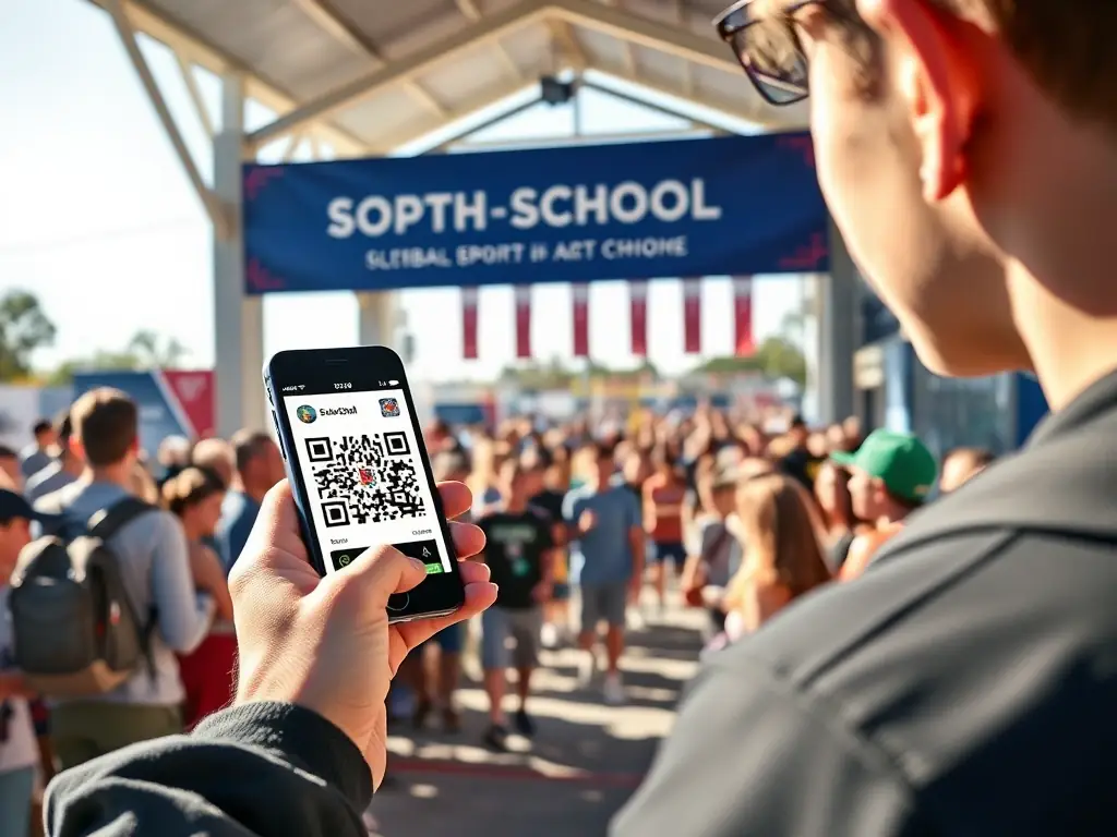An image showing a smartphone scanning a QR code at an event entrance, with a smooth and efficient entry process. The background should depict a high school sports event with enthusiastic attendees.